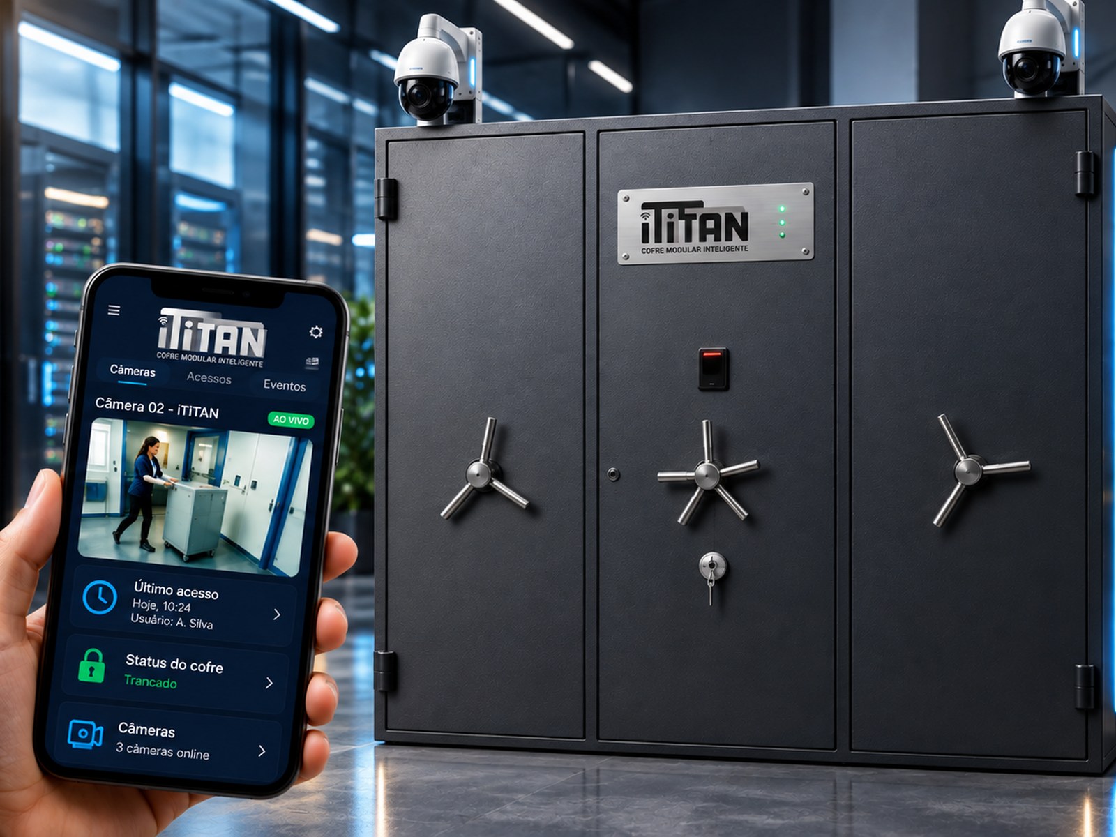 Cofre Modular Inteligente iTitan com câmeras no topo e o aplicativo de monitoramento aberto no celular
