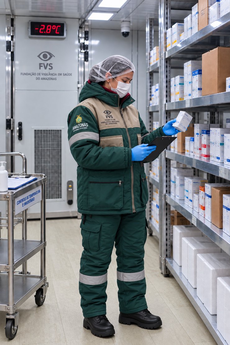Técnica conferindo estoque dentro de uma câmara fria modular da MDC, a −2,8 °C