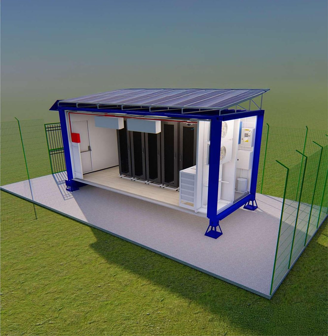 Smart Shelter MDC — abrigo técnico modular em contêiner de 20 pés com cobertura solar