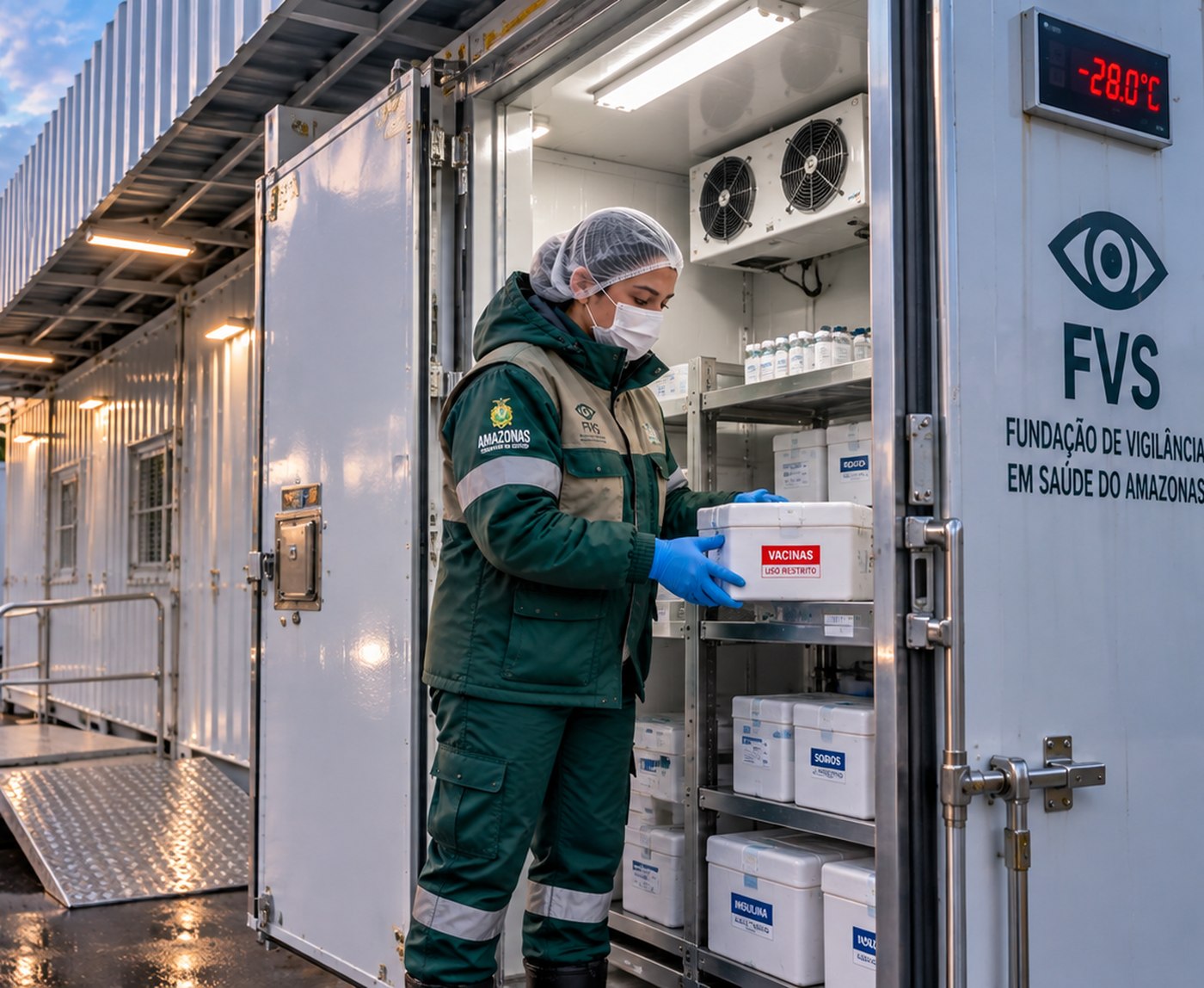 Técnica da FVS retira caixa de vacinas do módulo refrigerado da MDC, com o display marcando −28,0 °C