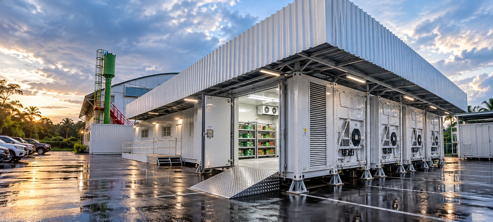 Parque refrigerado da FVS em Manaus: fileira de módulos da MDC com refrigeração e energia próprias, sob cobertura metálica