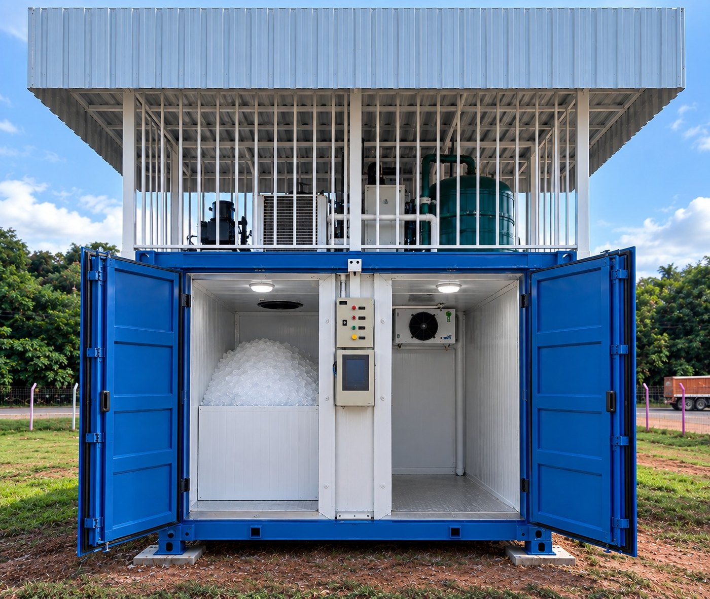 CMAG aberto: depósito de gelo em escama, câmara e sistema de refrigeração sobre o contêiner