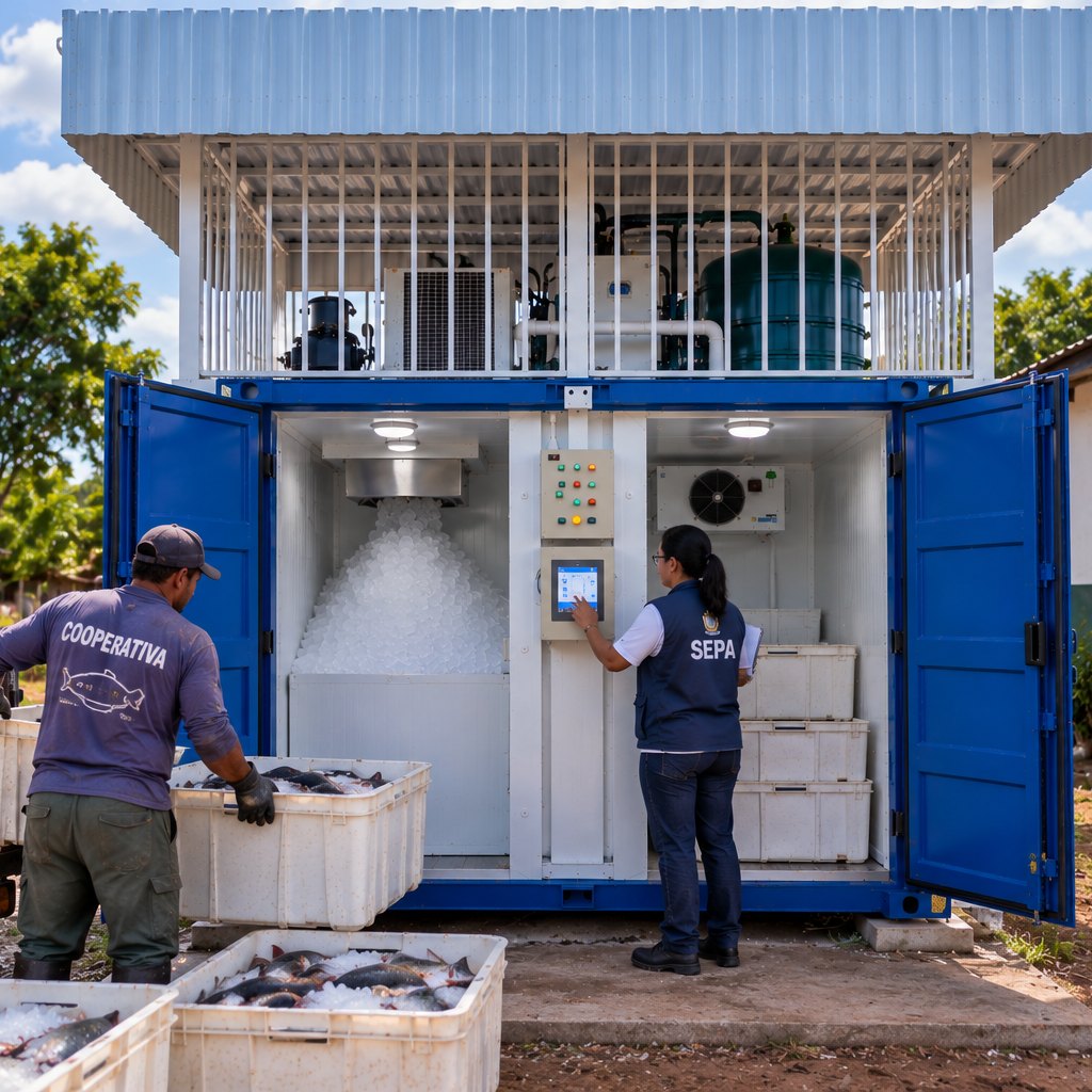 CMAG em operação: pescador levando caixote de pescado e técnica operando o painel da unidade
