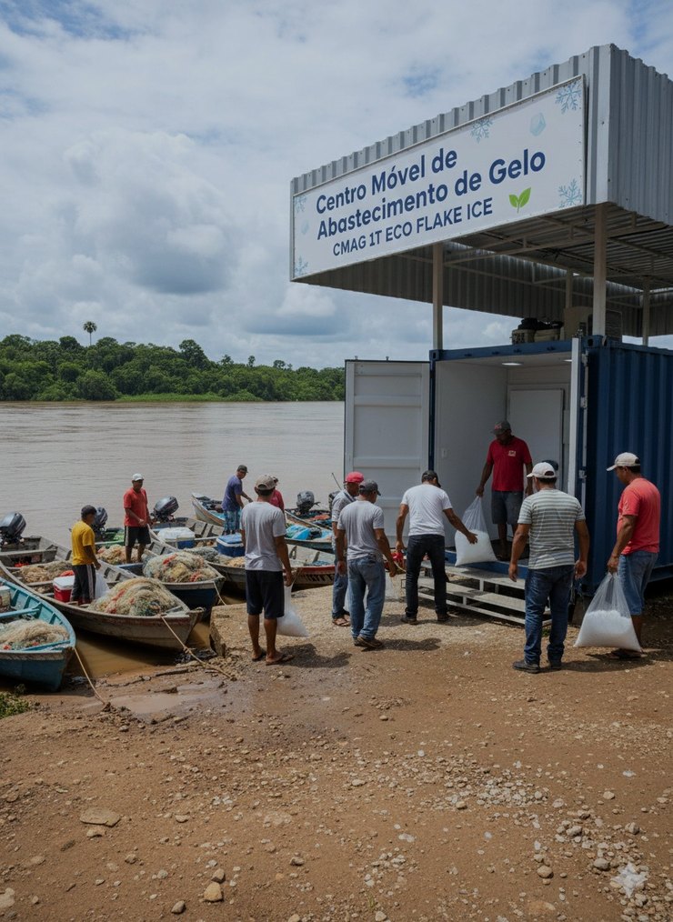 CMAG instalado à beira do rio, com pescadores retirando gelo