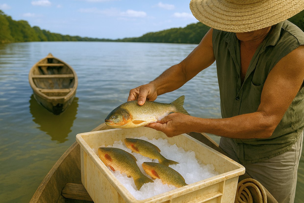 Pescador acomodando o pescado sobre gelo em escama